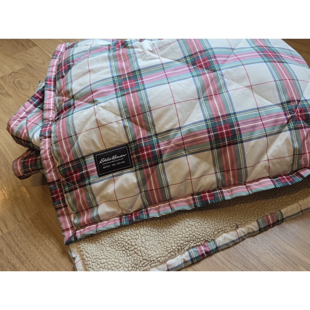 Eddie Bauer Down Throw Blanket Plaid Sherpa Red Green White Yellow Tan 50×70"